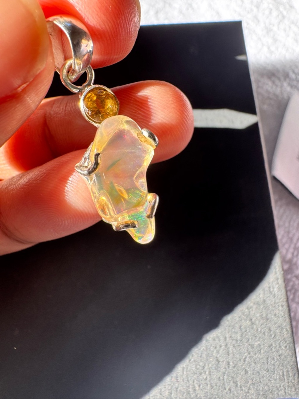 Opal and Citrine Sterling Silver Pendant - Yellow-Orange Opal Gemstone